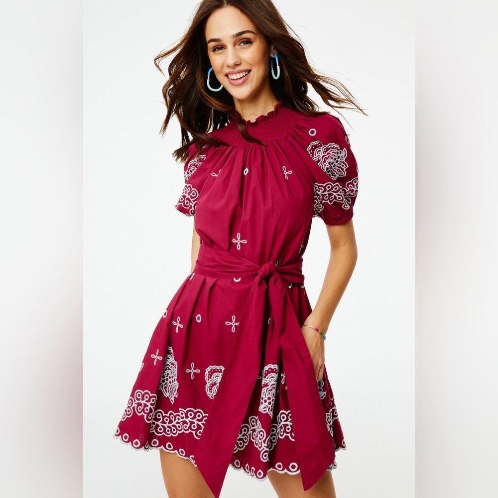 Roller Rabbit Peonia Embroidered Ainsley Dress Size Small Maroon and Blue